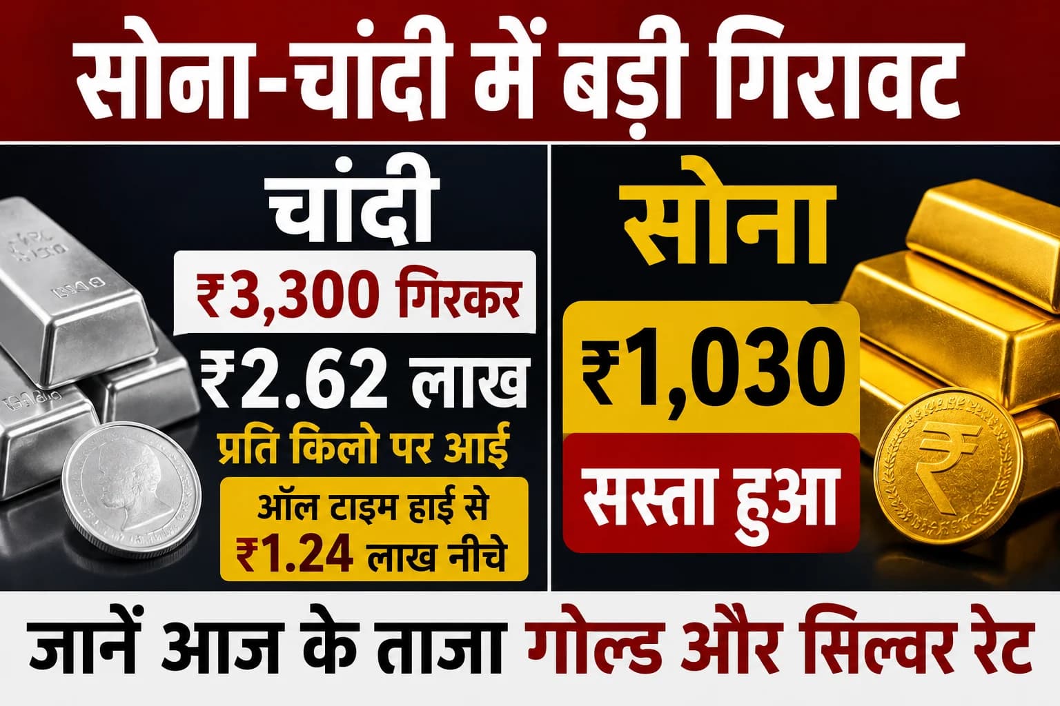 चांदी ₹3,300 गिरकर ₹2.62 लाख प्रति किलो पर आई, ऑल टाइम हाई से ₹1.24 लाख नीचे; सोना भी ₹1,030 सस्ता