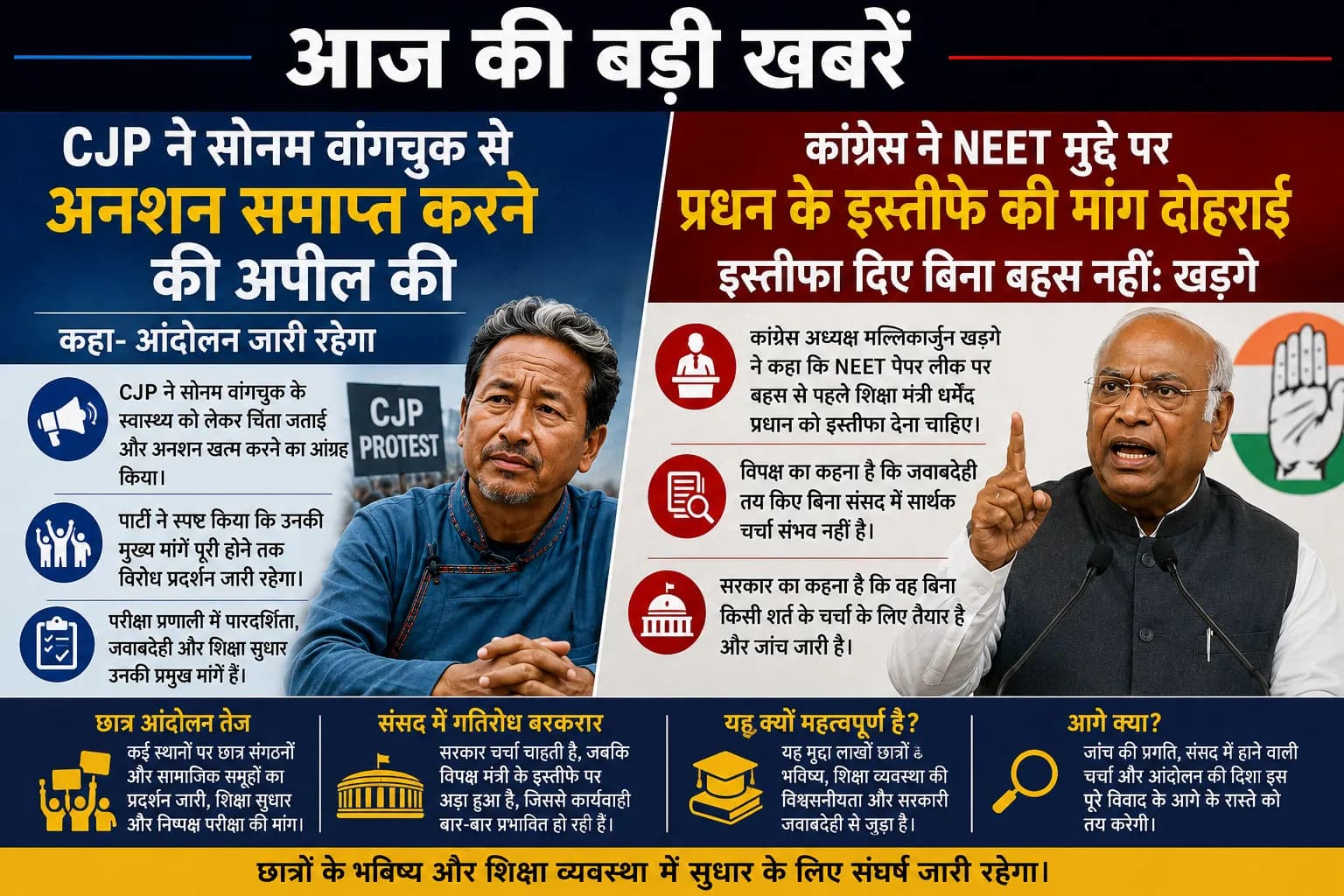 आज की बड़ी खबरें: CJP ने सोनम वांगचुक से अनशन समाप्त करने की अपील की, खड़गे बोले—प्रधन के इस्तीफे के बिना NEET पर बहस नहीं