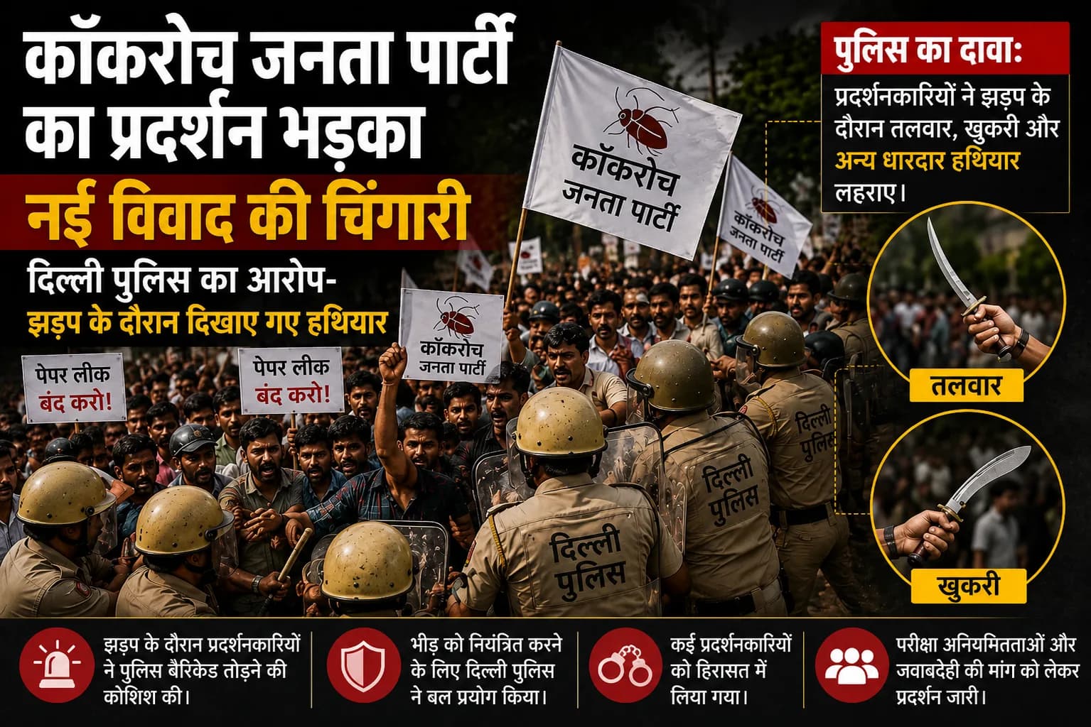 कॉकरोच जनता पार्टी का प्रदर्शन जारी: दिल्ली पुलिस का दावा—झड़प के दौरान प्रदर्शनकारियों ने तलवार और खुकरी लहराई