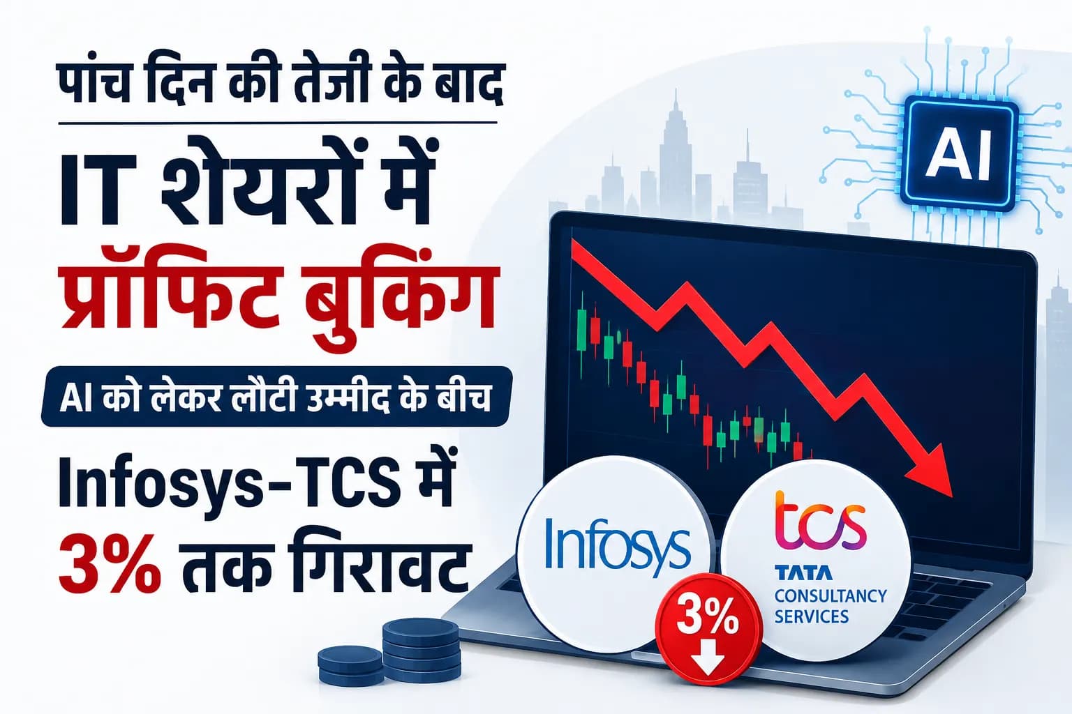 पांच दिन की तेजी के बाद IT शेयरों में प्रॉफिट बुकिंग, AI को लेकर लौटी उम्मीद के बीच Infosys-TCS में 3% तक गिरावट
