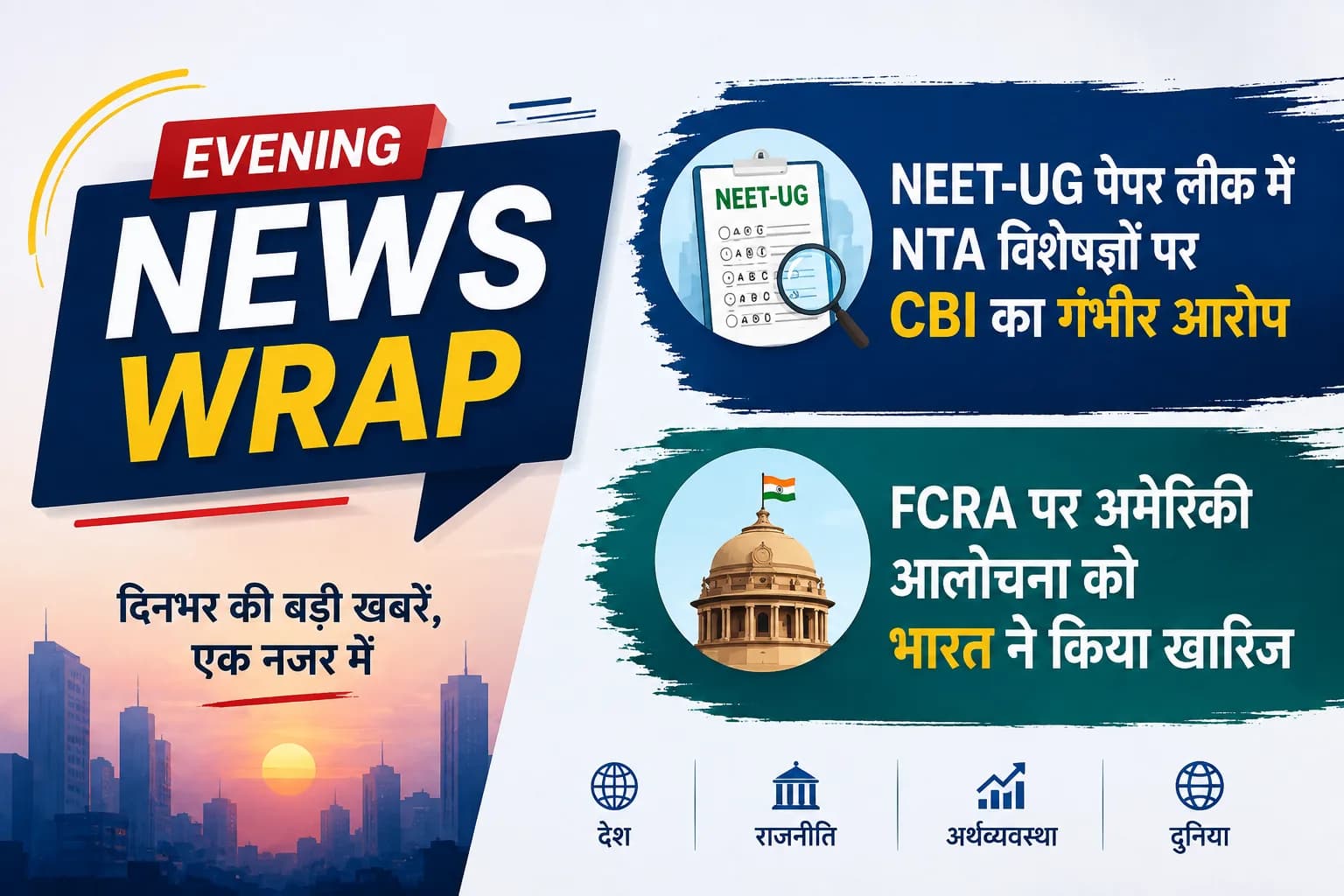 Evening News Wrap: NEET-UG पेपर लीक में NTA विशेषज्ञों पर CBI का गंभीर आरोप, FCRA पर अमेरिकी आलोचना को भारत ने किया खारिज