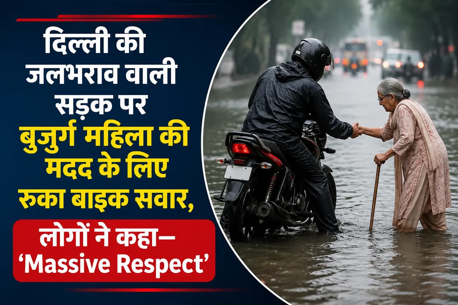 दिल्ली की जलभराव वाली सड़क पर बुजुर्ग महिला की मदद के लिए रुका बाइक सवार, लोगों ने कहा—‘Massive Respect’