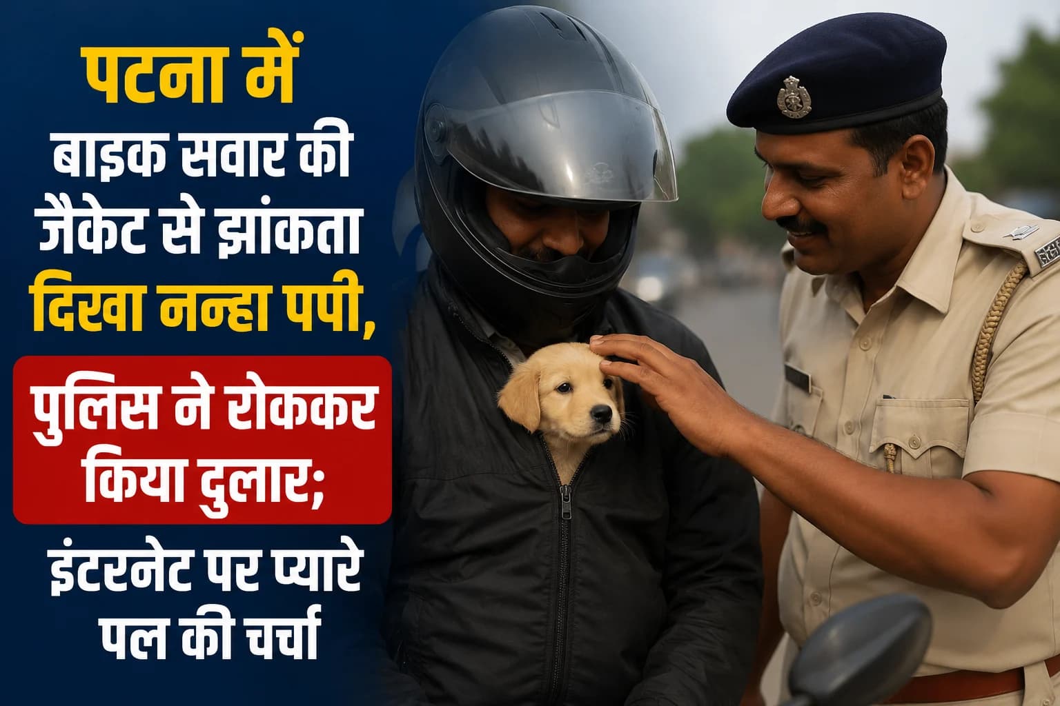 पटना में बाइक सवार की जैकेट से झांकता दिखा नन्हा पपी, पुलिस ने रोककर किया दुलार; इंटरनेट पर प्यारे पल की चर्चा