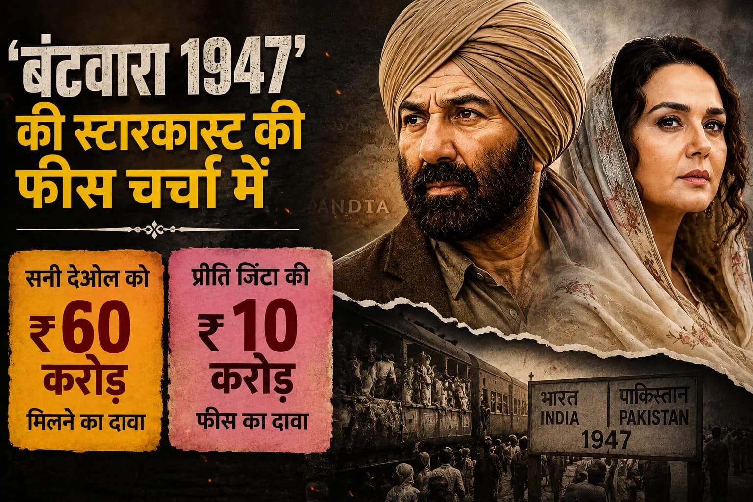 ‘बंटवारा 1947’ की स्टारकास्ट की फीस चर्चा में: सनी देओल को ₹60 करोड़ मिलने का दावा, प्रीति जिंटा की फीस ₹10 करोड़