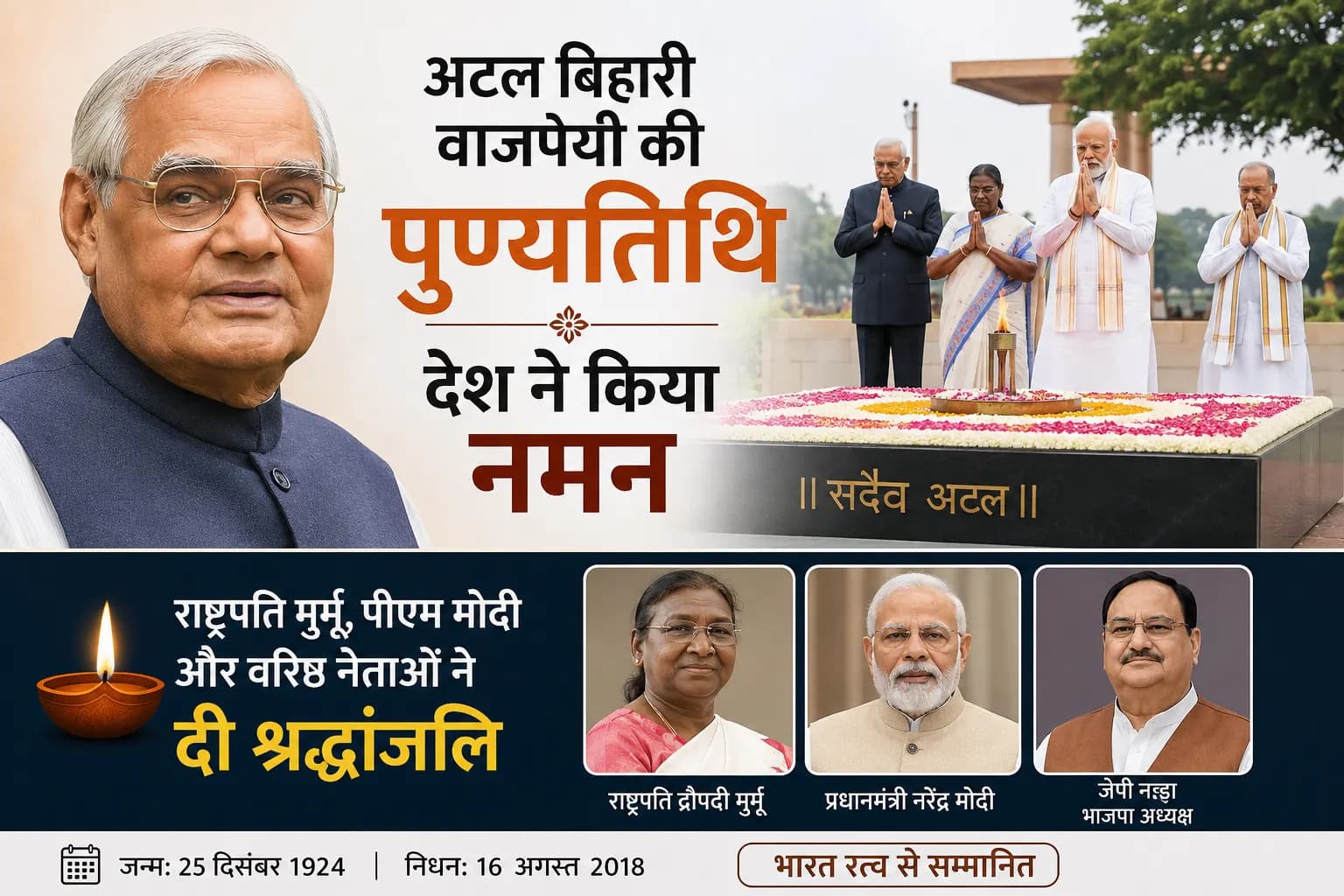 अटल बिहारी वाजपेयी की पुण्यतिथि: राष्ट्रपति मुर्मू और पीएम मोदी समेत वरिष्ठ नेताओं ने दी श्रद्धांजलि