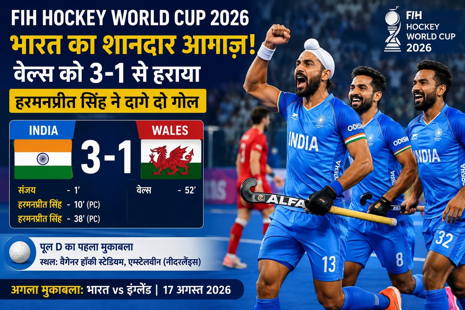 FIH Hockey World Cup 2026: वेल्स को 3-1 से हराकर भारत का शानदार आगाज, हरमनप्रीत सिंह ने दागे दो गोल
