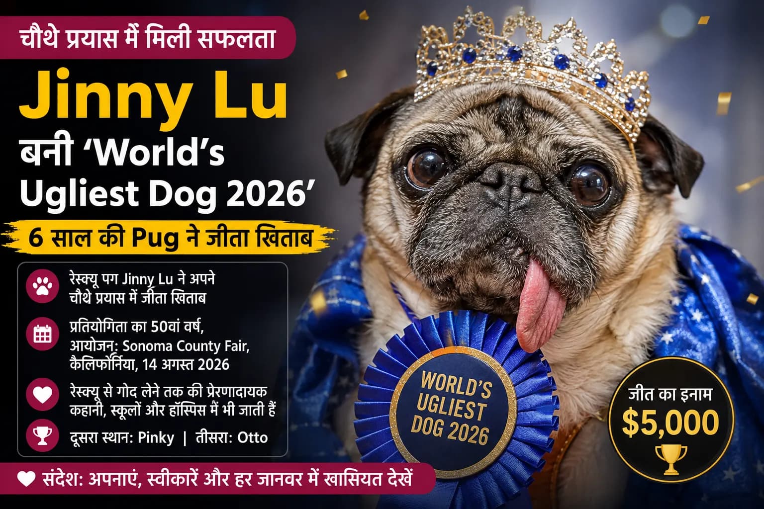 चौथे प्रयास में Jinny Lu बनी ‘World’s Ugliest Dog 2026’, रेस्क्यू पग की कहानी ने जीता दिल