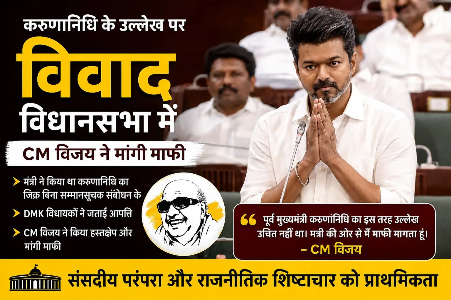 करुणानिधि के नाम पर विधानसभा में विवाद, मंत्री की ओर से CM विजय ने मांगी माफी