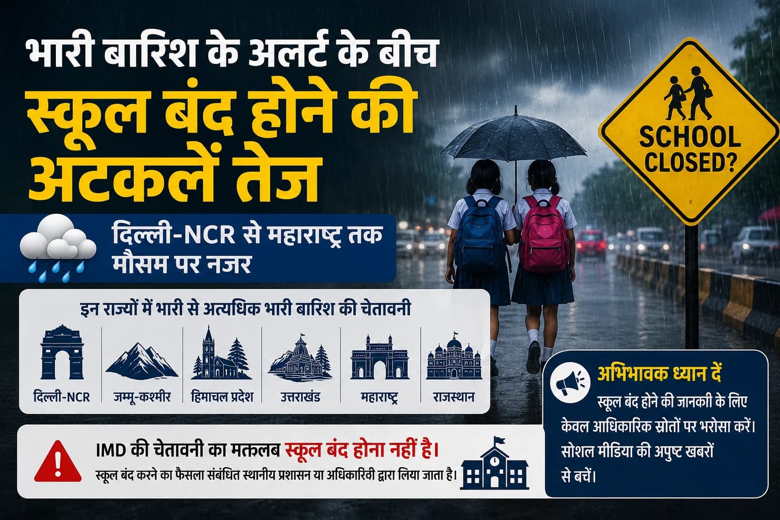 भारी बारिश के अलर्ट के बीच स्कूल बंद होने की अटकलें तेज, दिल्ली-NCR से महाराष्ट्र तक मौसम पर नजर