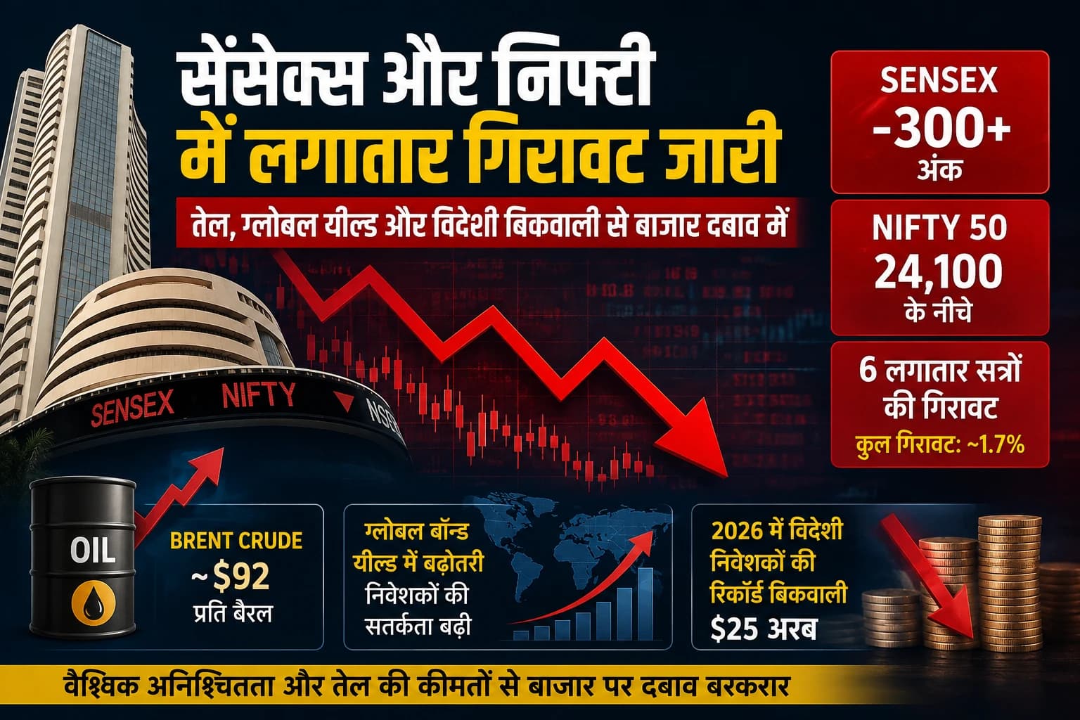 सेंसेक्स-निफ्टी में गिरावट जारी: महंगा कच्चा तेल और ग्लोबल बॉन्ड यील्ड बढ़ा रहे बाजार पर दबाव