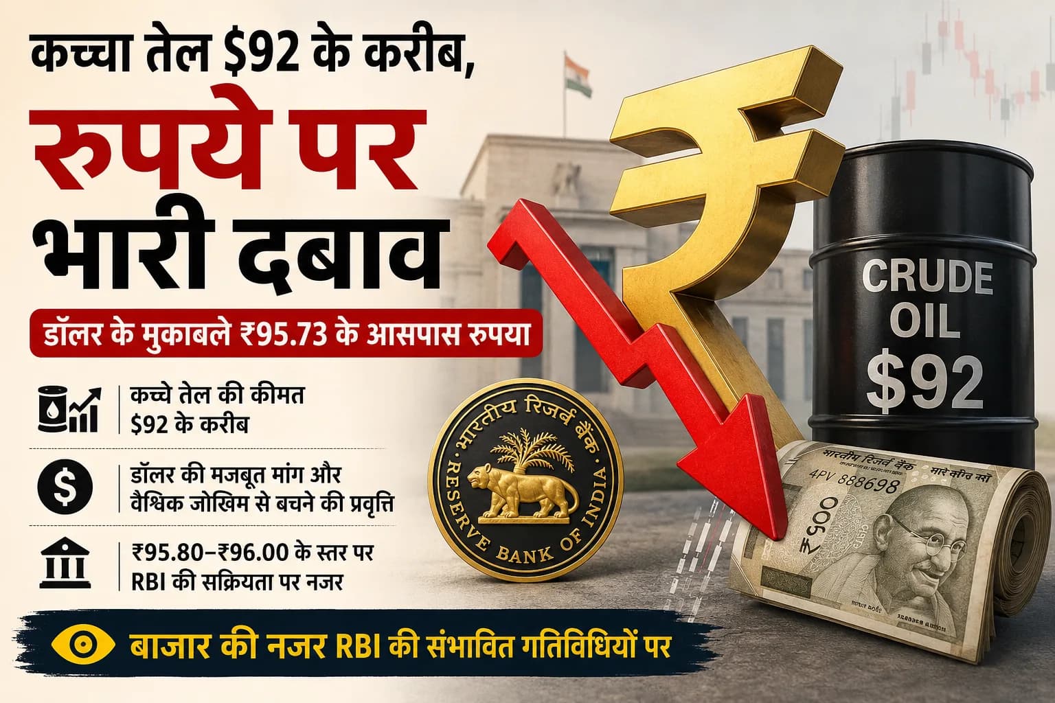 कच्चा तेल $92 के करीब, रुपये पर भारी दबाव; डॉलर के मुकाबले ₹95.73 के आसपास पहुंची भारतीय मुद्रा