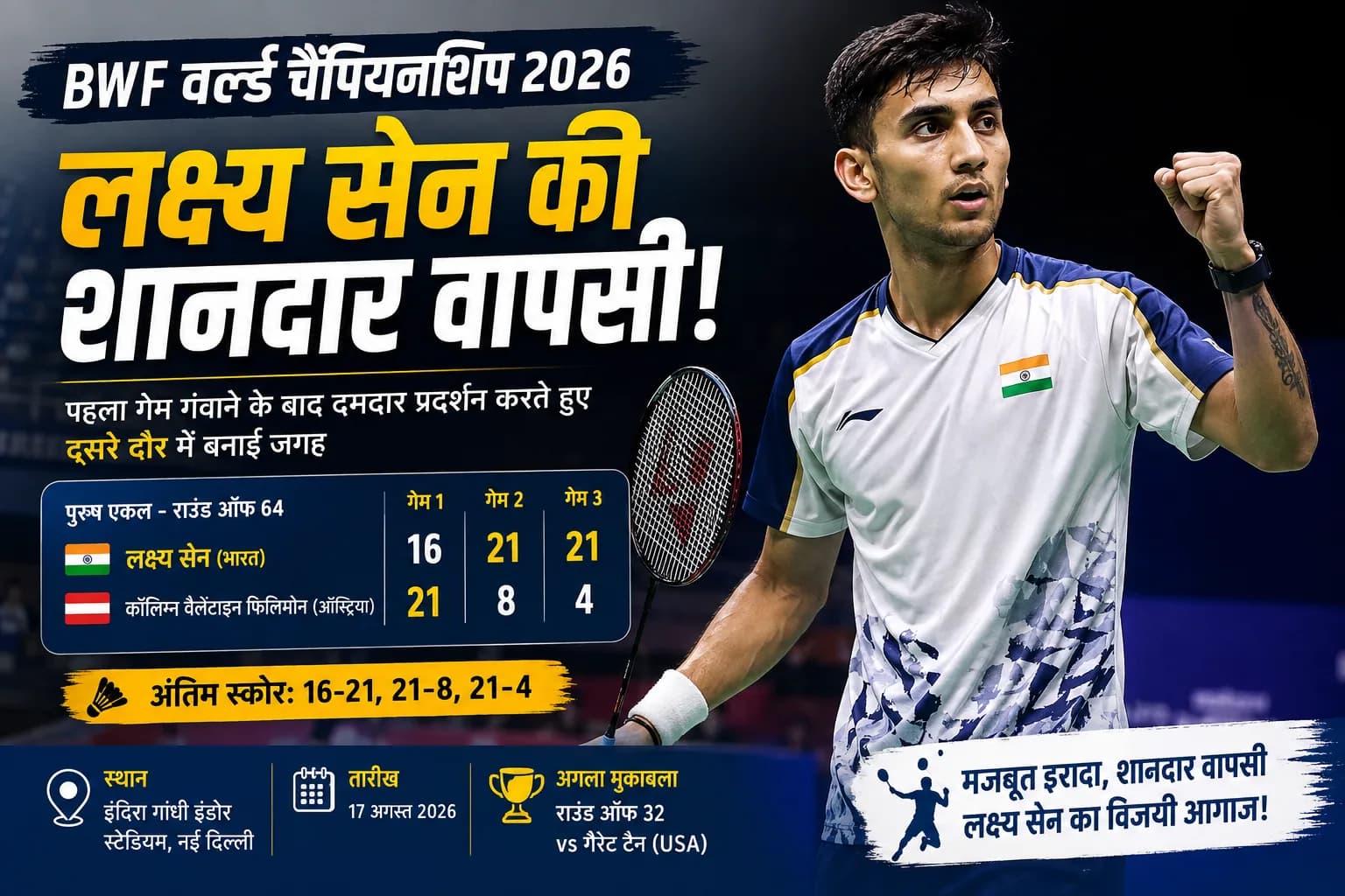 BWF World Championships 2026: पहला गेम गंवाने के बाद लक्ष्य सेन की शानदार वापसी, दूसरे दौर में बनाई जगह