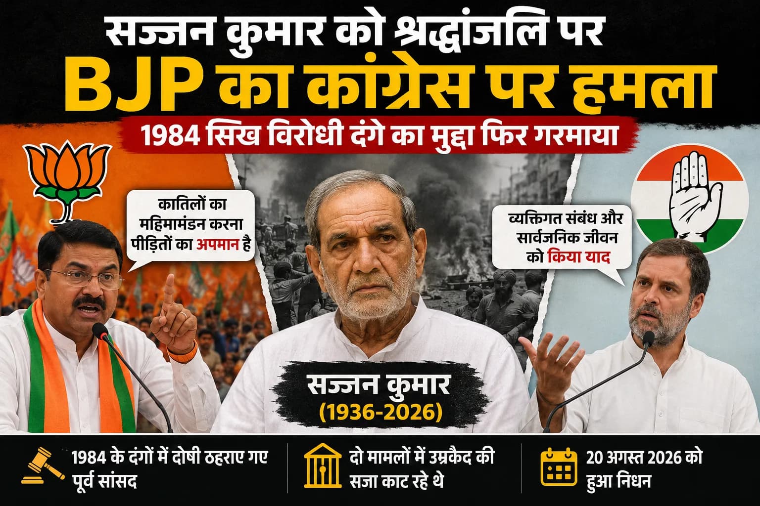 सज्जन कुमार को श्रद्धांजलि पर सियासी घमासान: BJP ने कांग्रेस को घेरा, 1984 के सिख विरोधी दंगों का मुद्दा फिर चर्चा में