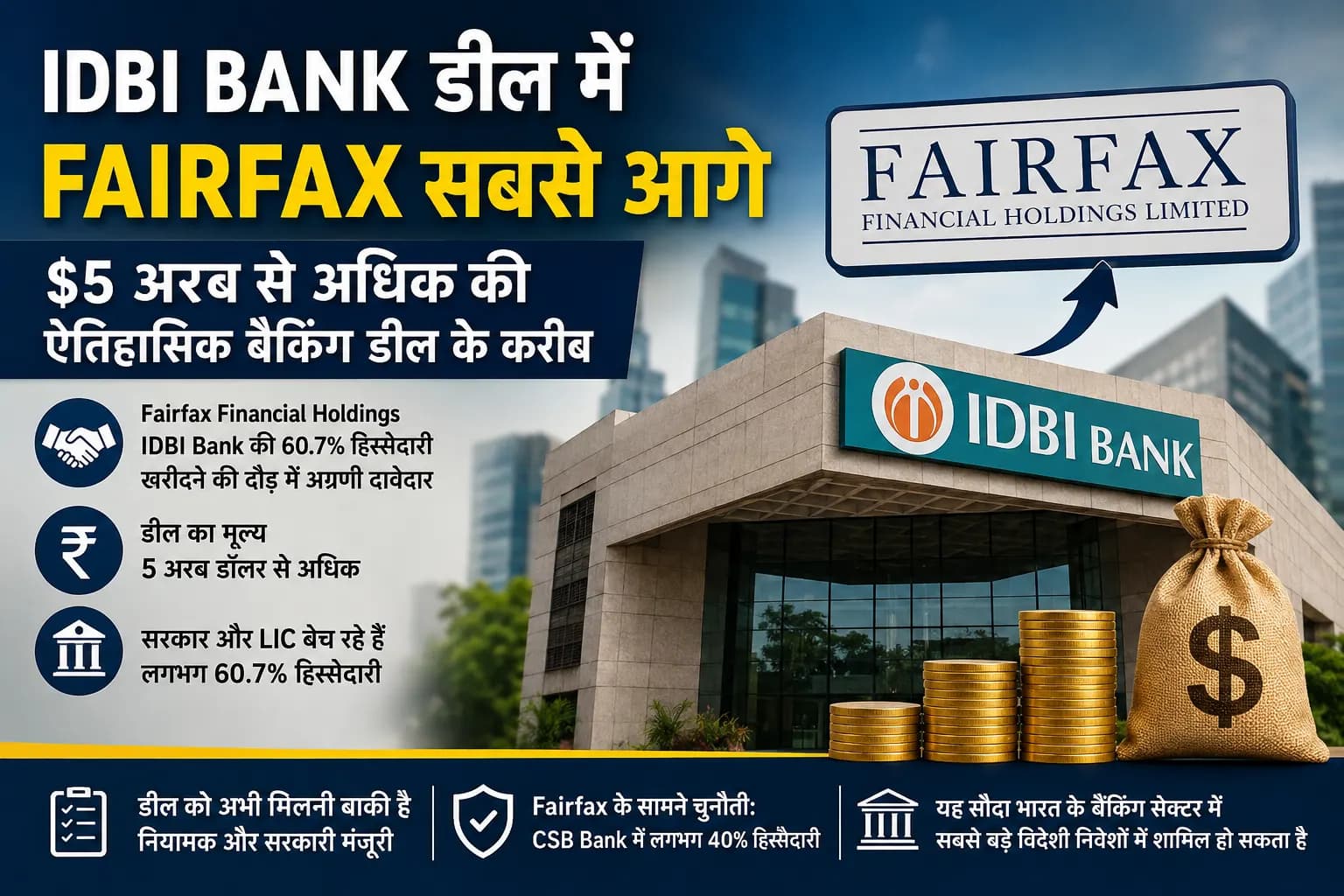 IDBI Bank डील में Fairfax सबसे आगे, $5 अरब से अधिक की ऐतिहासिक बैंकिंग डील के करीब