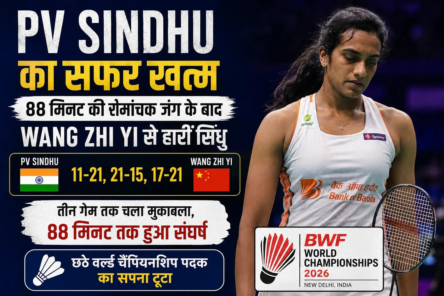 PV Sindhu BWF World Championships 2026: 88 मिनट की रोमांचक जंग के बाद सिंधु का सफर खत्म