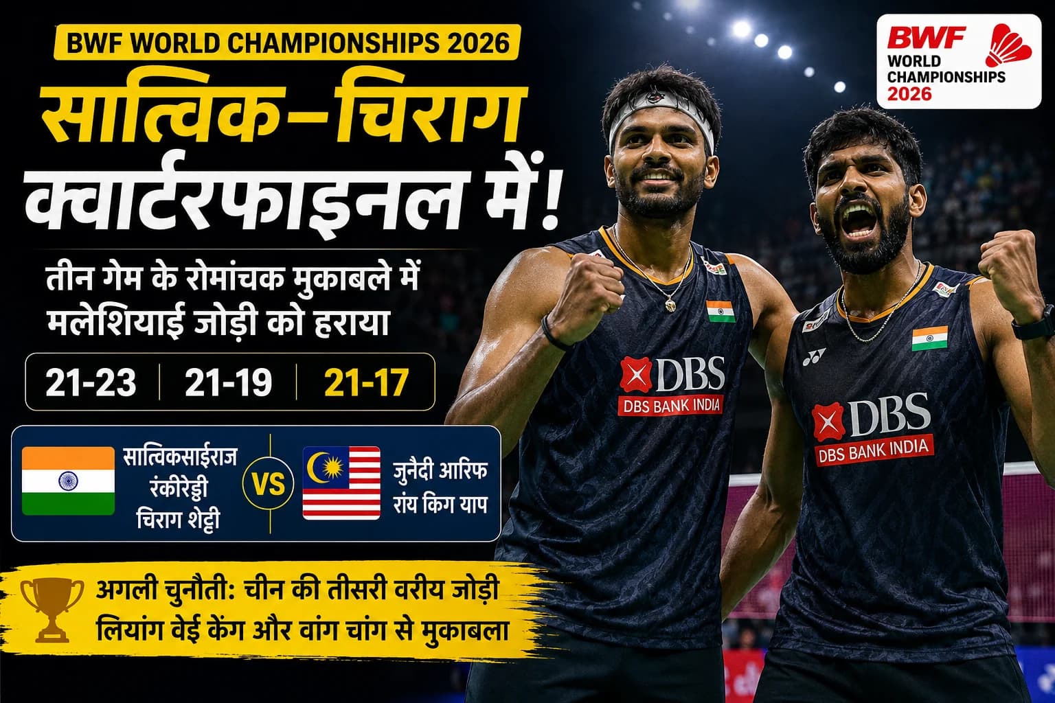 BWF World Championships 2026: सात्विक–चिराग क्वार्टरफाइनल में, मलेशियाई जोड़ी को तीन गेम के रोमांचक मुकाबले में हराया