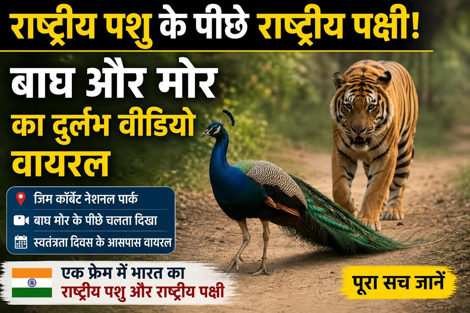 राष्ट्रीय पशु के पीछे राष्ट्रीय पक्षी: बाघ और मोर का दुर्लभ वीडियो वायरल, एक फ्रेम में दिखी भारत की वन्य विरासत