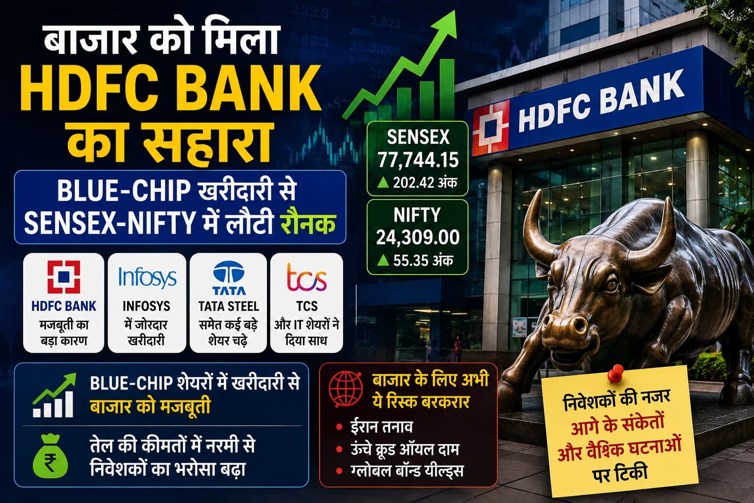 बाजार को मिला HDFC Bank का सहारा: Blue-Chip खरीदारी से Sensex-Nifty में लौटी रौनक