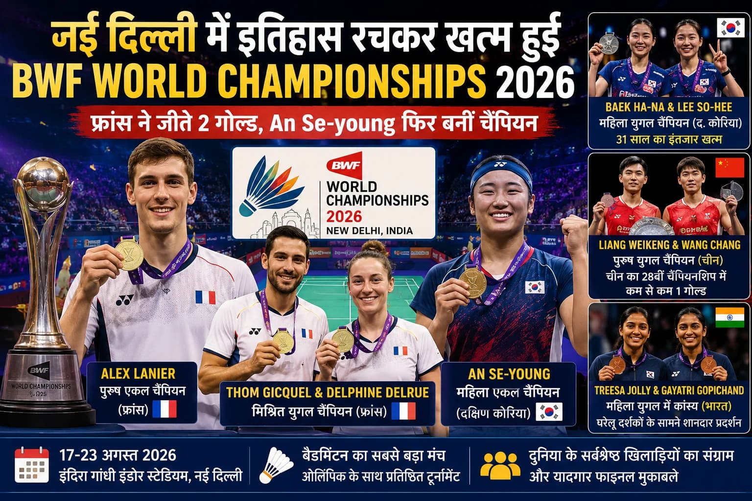 नई दिल्ली में यादगार रात: BWF वर्ल्ड चैंपियनशिप का शानदार समापन, मिले नए चैंपियन और रचा गया इतिहास