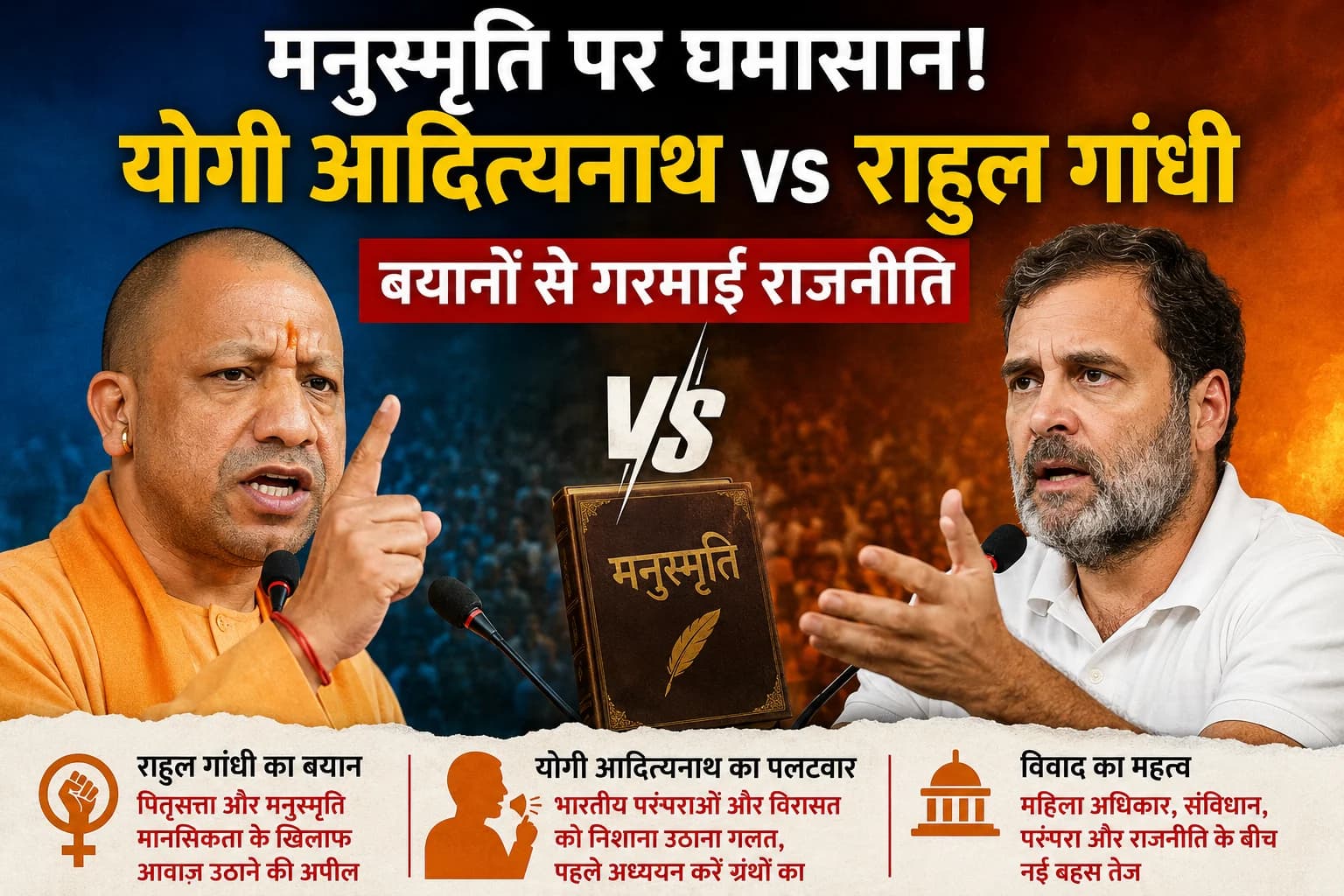 मनुस्मृति पर राहुल गांधी के बयान से गरमाई राजनीति, योगी आदित्यनाथ बोले—पहले भारतीय विरासत को समझें