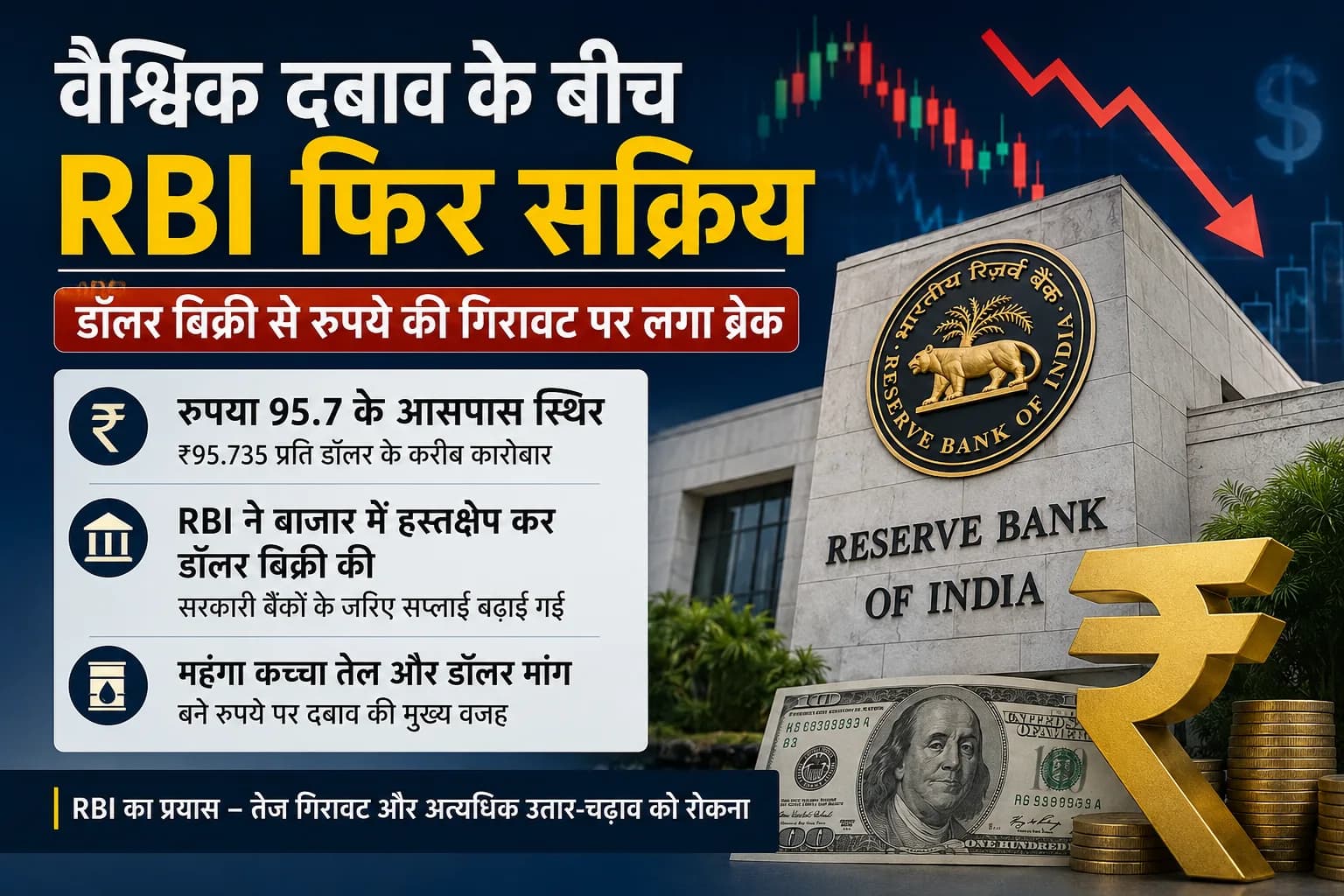 RBI ने फिर संभाला रुपया: वैश्विक दबाव और महंगे कच्चे तेल के बीच ₹95.7 के आसपास भारतीय मुद्रा