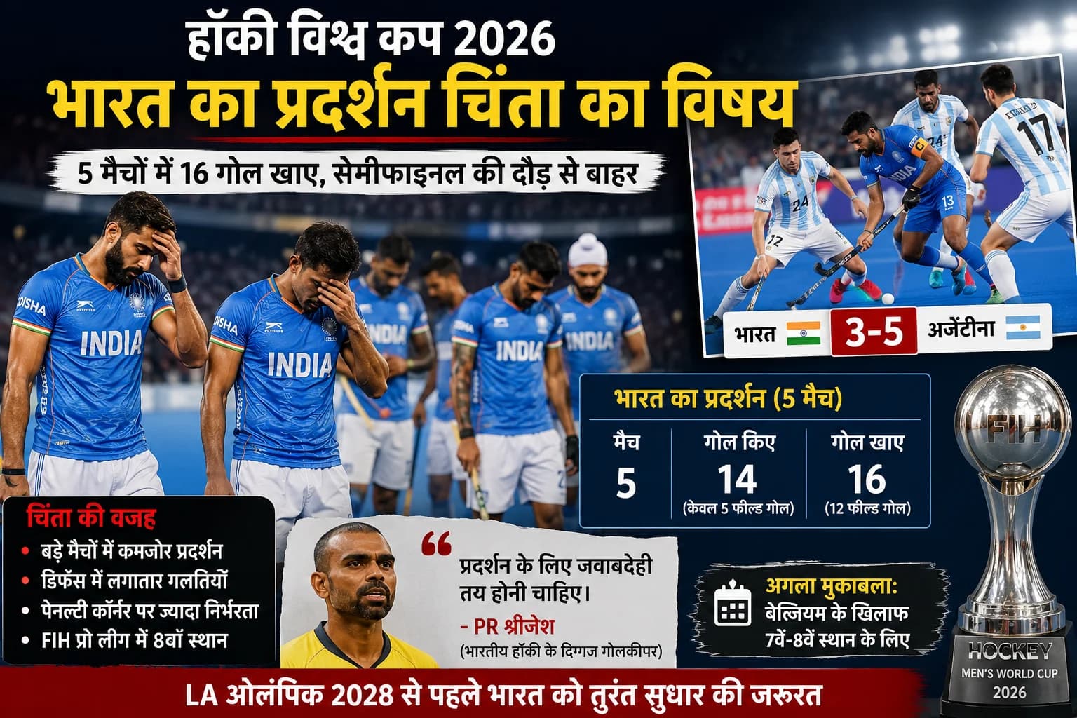 Hockey World Cup 2026 में भारत का निराशाजनक प्रदर्शन, 5 मैचों में खाए 16 गोल; LA 2028 से पहले क्यों बढ़ी चिंता?