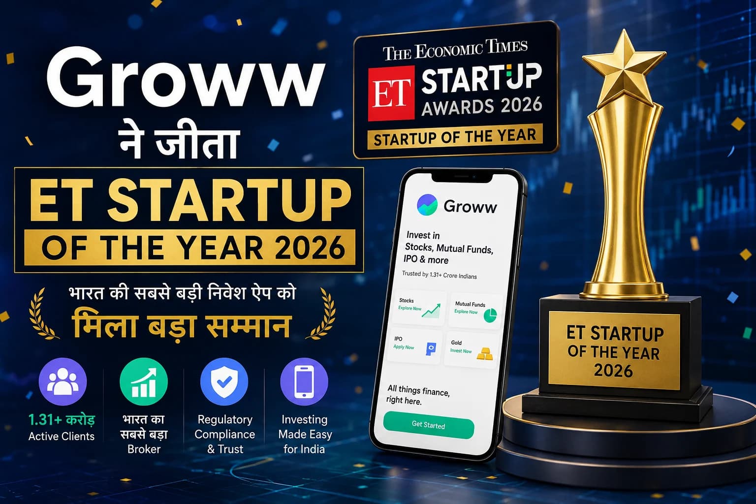 Groww बना ET Startup of the Year 2026: 1.31 करोड़ से ज्यादा Active Clients वाली Investment Platform को मिला बड़ा सम्मान