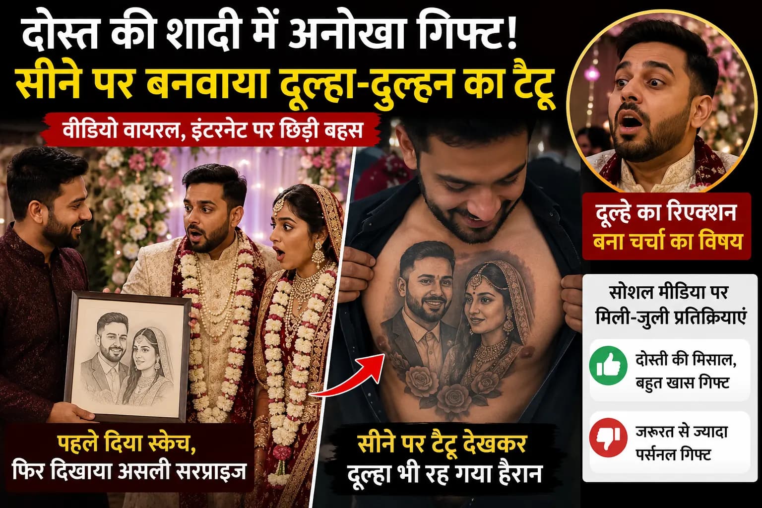 दोस्त की शादी में शख्स ने सीने पर बनवाया दूल्हा-दुल्हन का टैटू, Groom का Reaction हुआ Viral