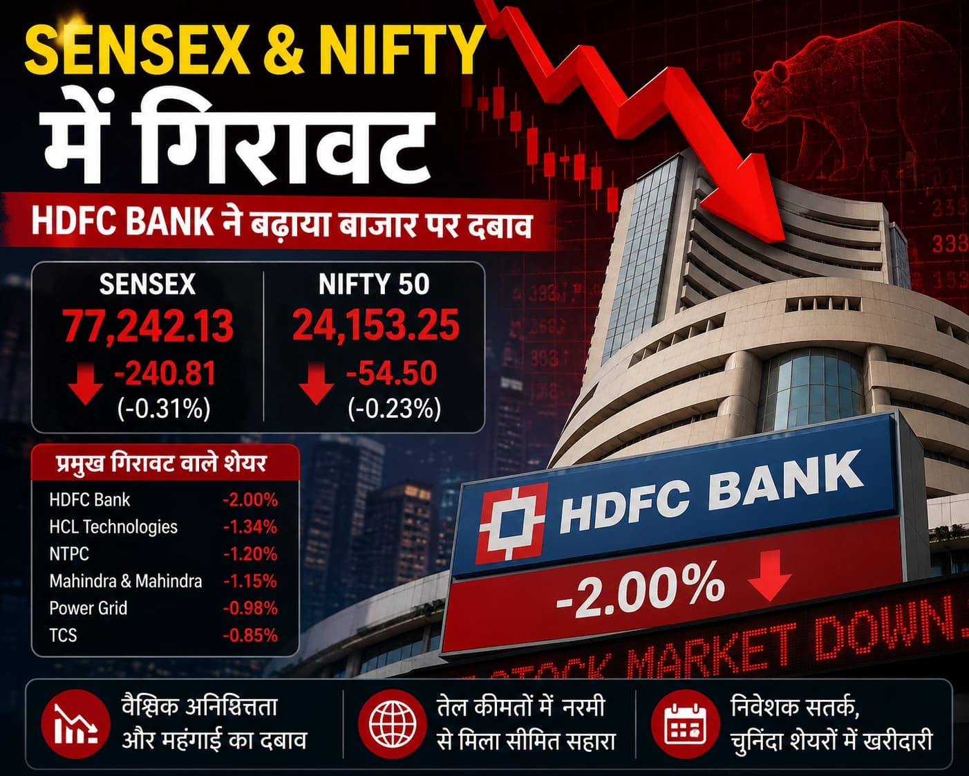 Stock Market Today: Sensex-Nifty में गिरावट, HDFC Bank बना बड़ा दबाव; जानें क्यों फिसला बाजार