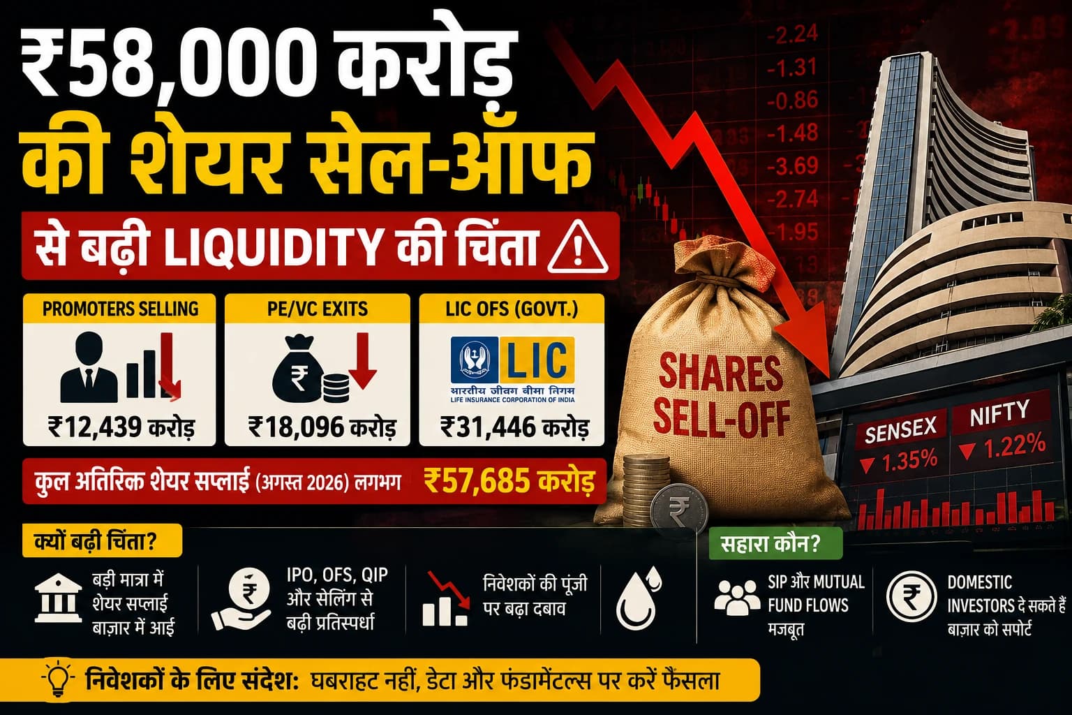 ₹58,000 करोड़ के शेयर बाजार में आए बिक्री के लिए, Promoters-PE Funds की बड़ी Selling से Liquidity पर बढ़ा दबाव ⚠️