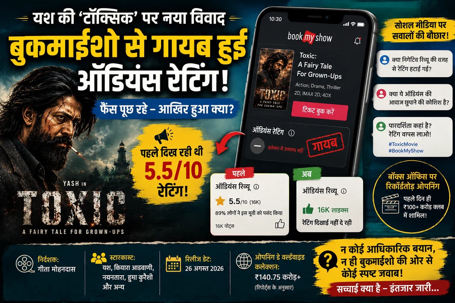 5.5 रेटिंग से अचानक कोई स्कोर नहीं? यश की ‘Toxic’ की BookMyShow लिस्टिंग पर छिड़ी बहस