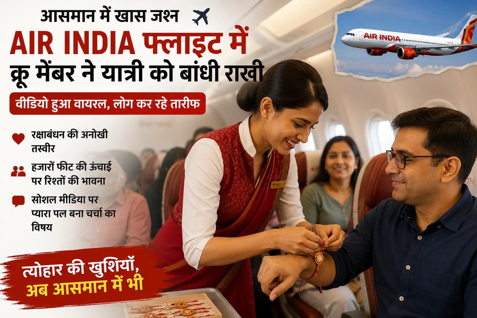 ✈️ आसमान में मना रक्षाबंधन: Air India क्रू मेंबर ने यात्री को बांधी राखी, फ्लाइट का प्यारा पल हुआ वायरल