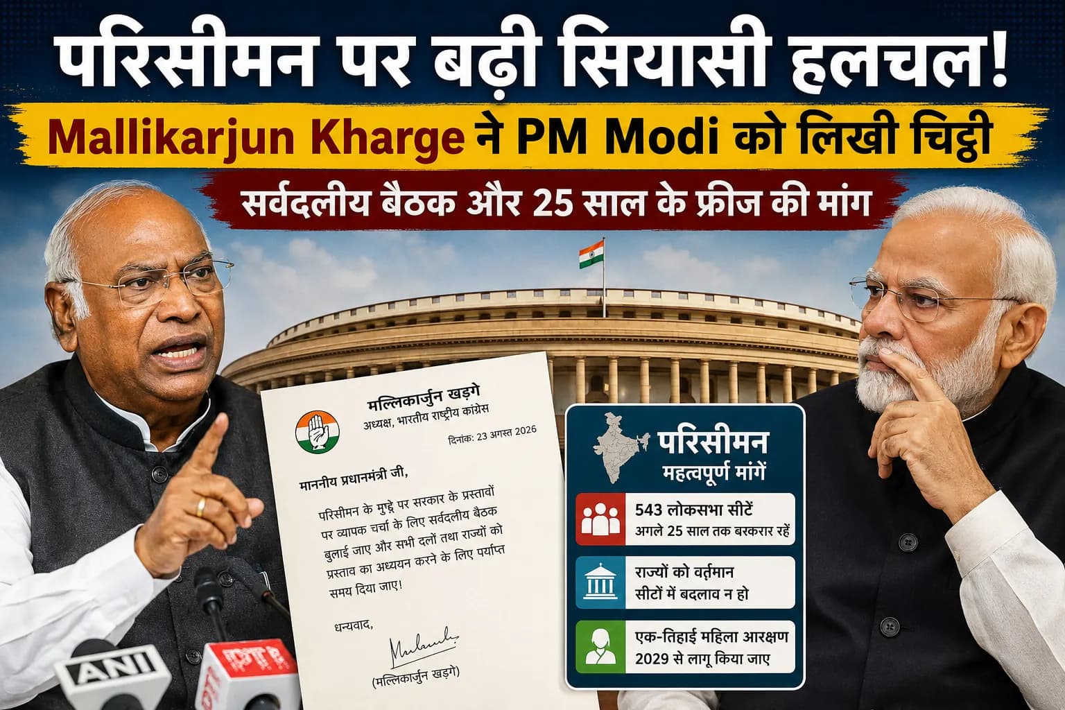 परिसीमन पर बढ़ी सियासी हलचल: Mallikarjun Kharge ने PM Modi को लिखी चिट्ठी, सर्वदलीय बैठक और 25 साल के फ्रीज की मांग