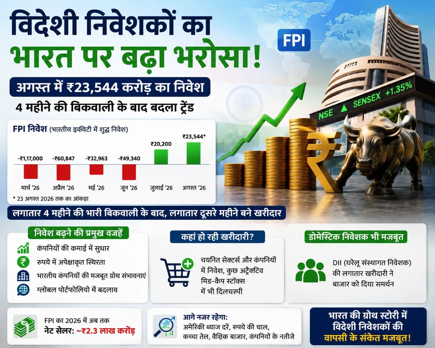 विदेशी निवेशकों का भारत पर फिर बढ़ा भरोसा! अगस्त में ₹23,544 करोड़ लगाए, 4 महीने की बिकवाली के बाद बदला ट्रेंड