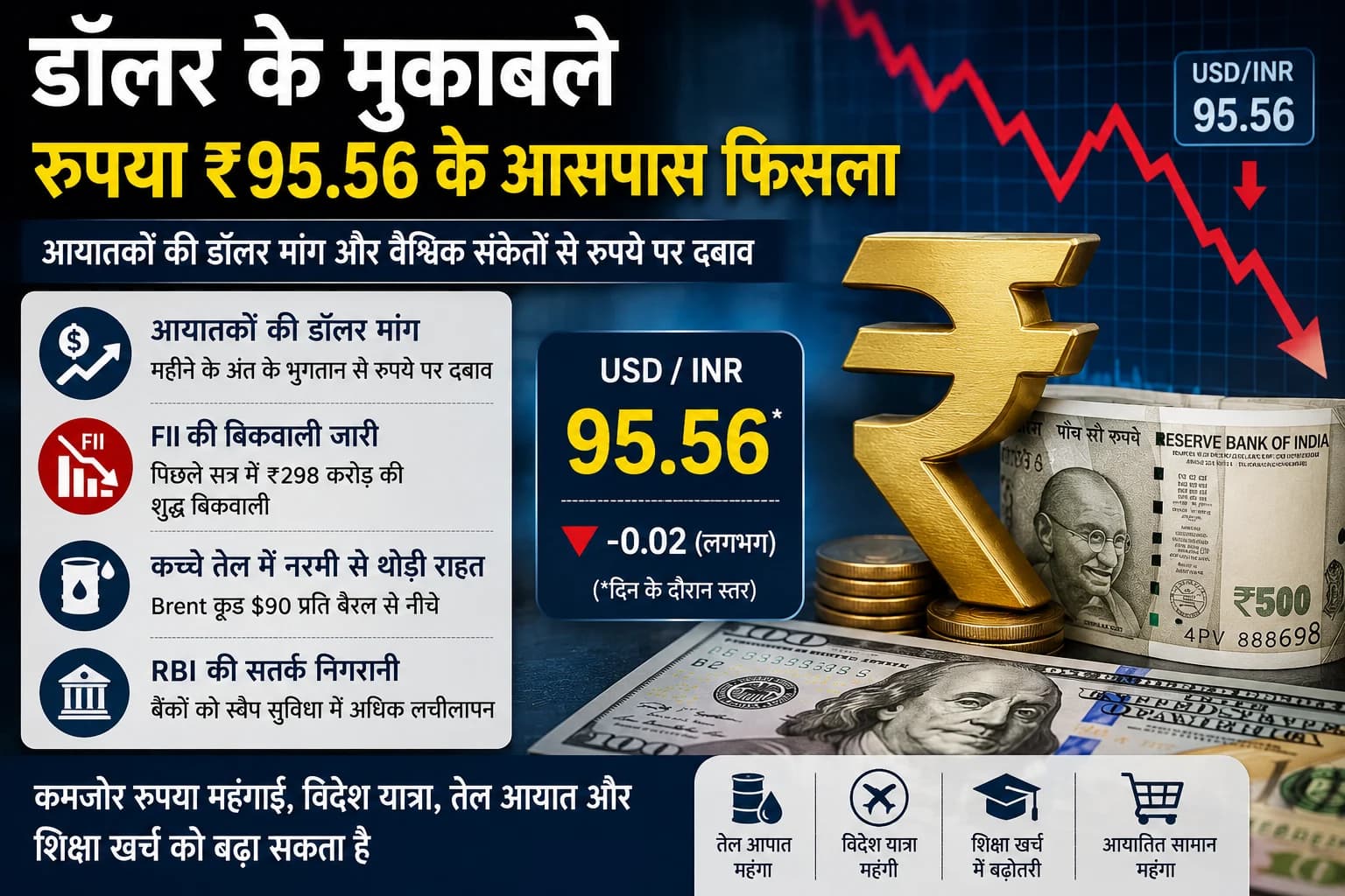 Rupee vs Dollar: ₹95.56 के आसपास फिसला भारतीय रुपया, जानिए क्यों बढ़ रहा दबाव