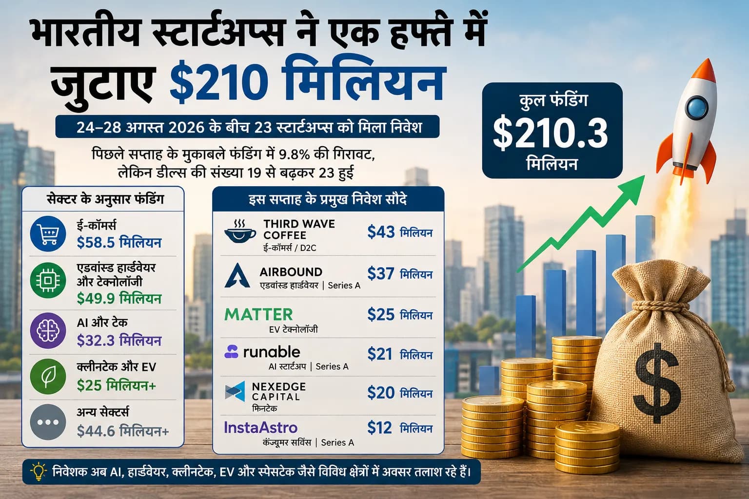 भारतीय स्टार्टअप्स ने एक हफ्ते में जुटाए $210 मिलियन, ई-कॉमर्स और डीप-टेक में निवेशकों की बड़ी दिलचस्पी