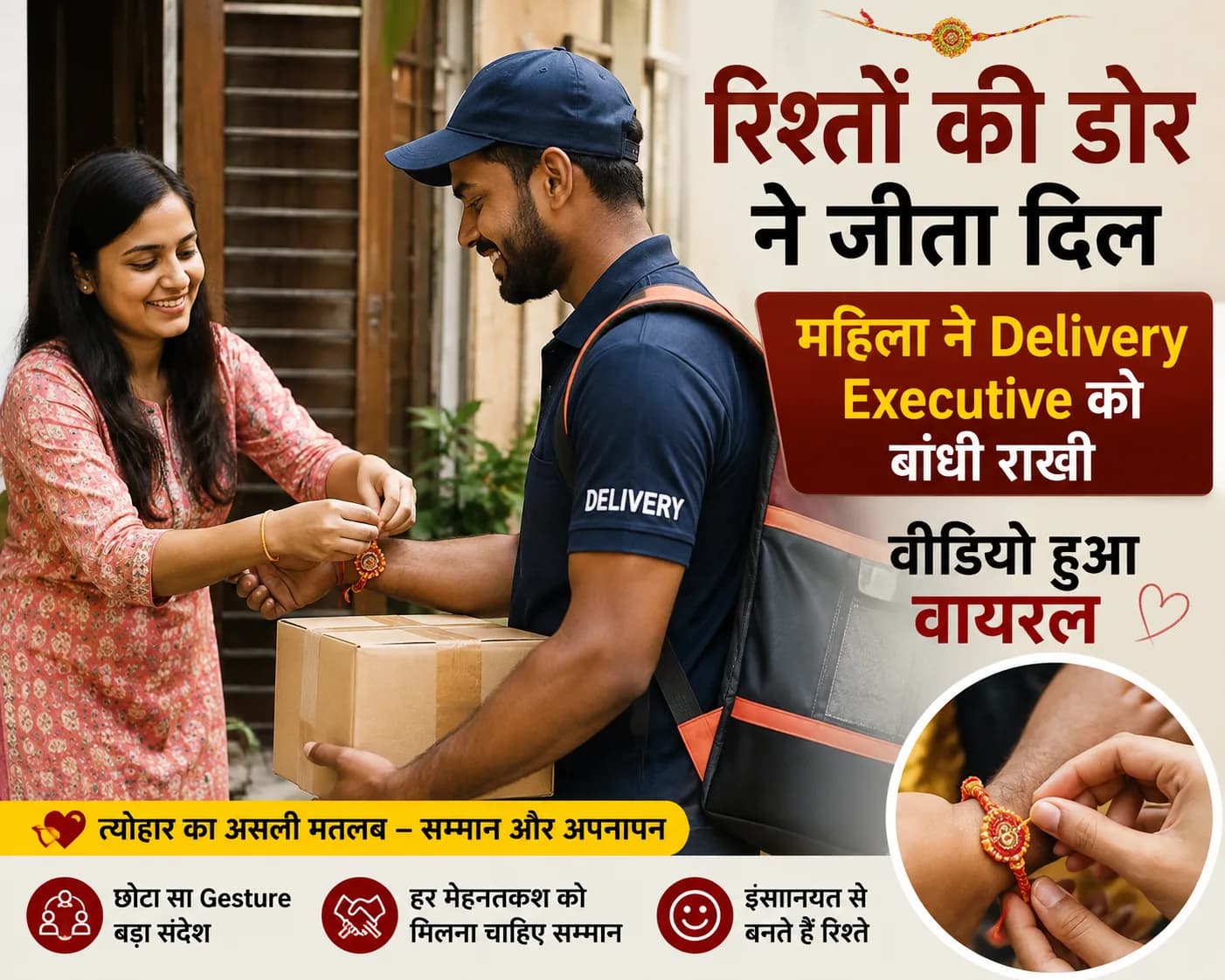 डिलीवरी करने पहुंचे शख्स की कलाई पर महिला ने बांधी राखी, भावुक पल का वीडियो हुआ वायरल