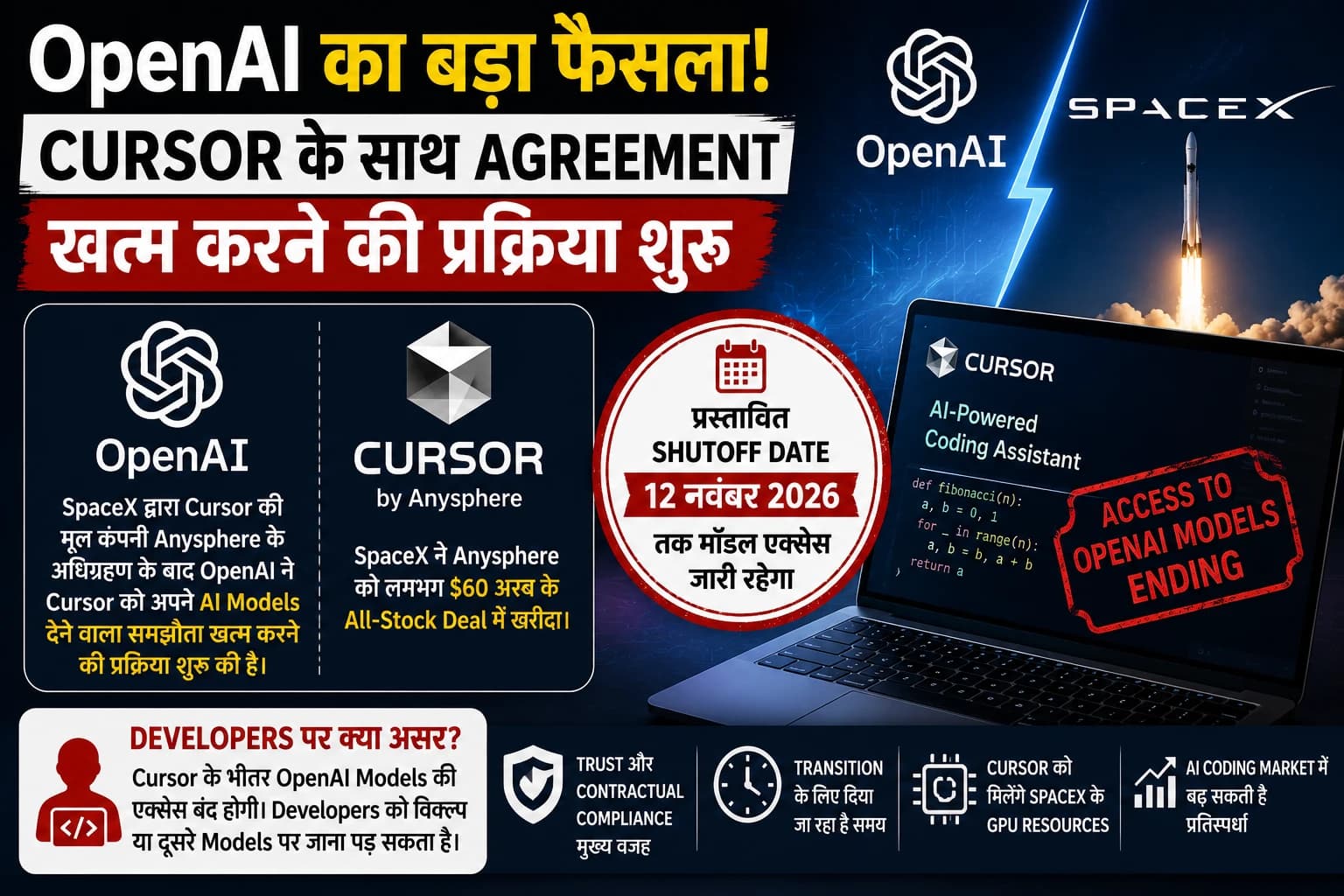 SpaceX के हाथ Cursor आते ही OpenAI का बड़ा फैसला, 12 नवंबर से बंद हो सकती है मॉडल एक्सेस