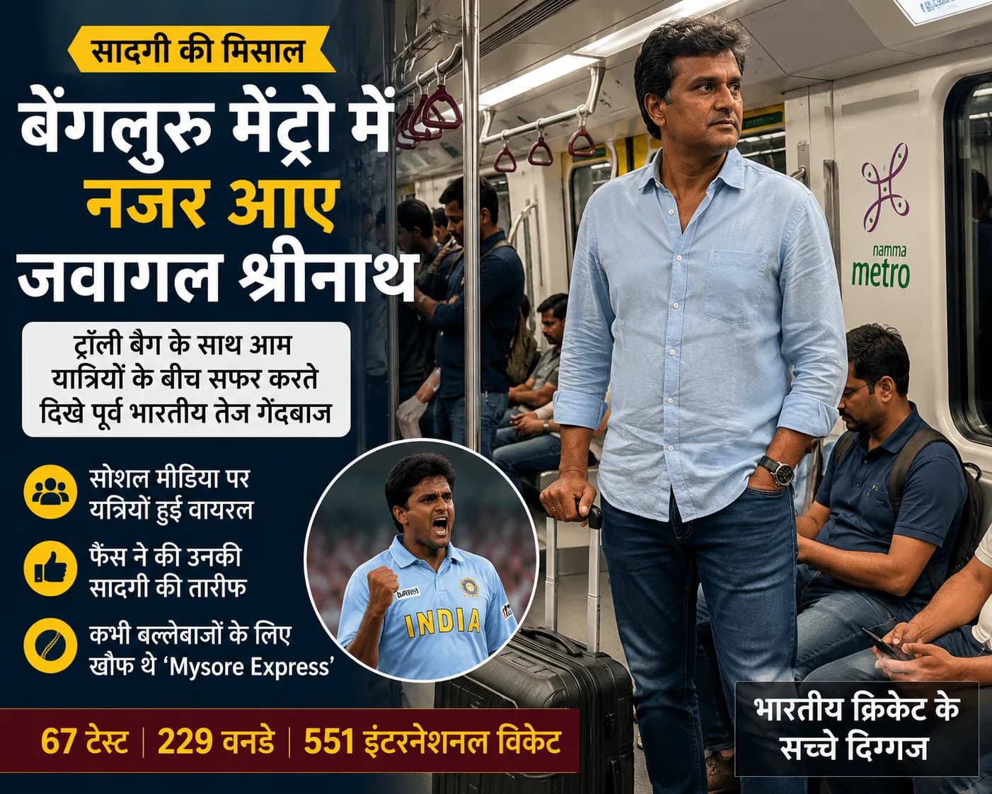बेंगलुरु मेट्रो में ट्रॉली बैग लेकर सफर करते दिखे जवागल श्रीनाथ, सादगी देख फैंस बोले- असली दिग्गज