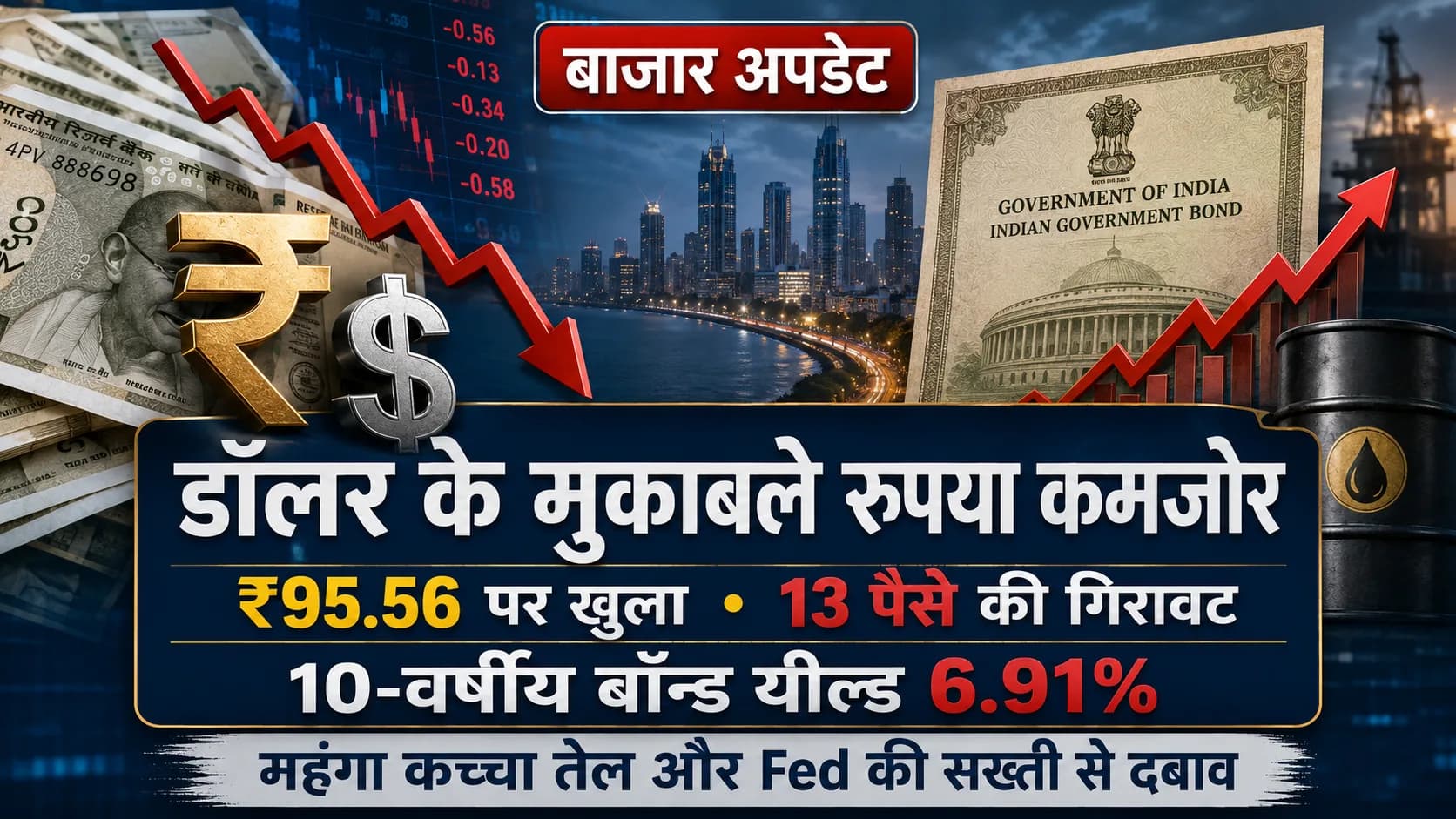 डॉलर के मुकाबले रुपया कमजोर, बॉन्ड बाजार पर भी दबाव; महंगे तेल और Fed ने बढ़ाई चिंता