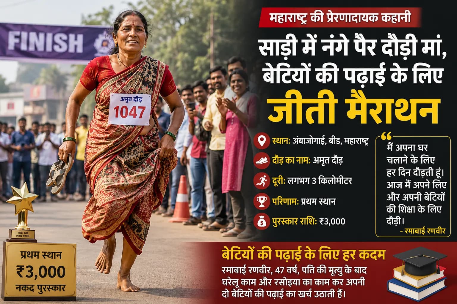 साड़ी में नंगे पैर दौड़ी 47 साल की मां, बेटियों की पढ़ाई के लिए जीती 3 KM की रेस; ₹3,000 मिला इनाम