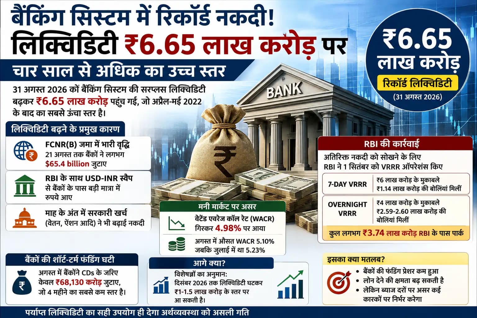 बैंकों के पास रिकॉर्ड कैश! Liquidity ₹6.65 लाख करोड़ पर, चार साल से ज्यादा का उच्च स्तर—RBI क्यों खींच रहा पैसा वापस?