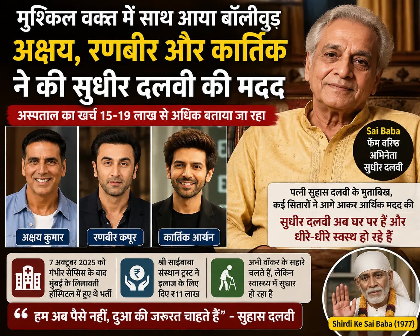 ‘साईं बाबा’ फेम Sudhir Dalvi की मदद को आगे आए Akshay Kumar, Ranbir Kapoor और Kartik Aaryan, पत्नी ने बताया अब कैसी है तबीयत