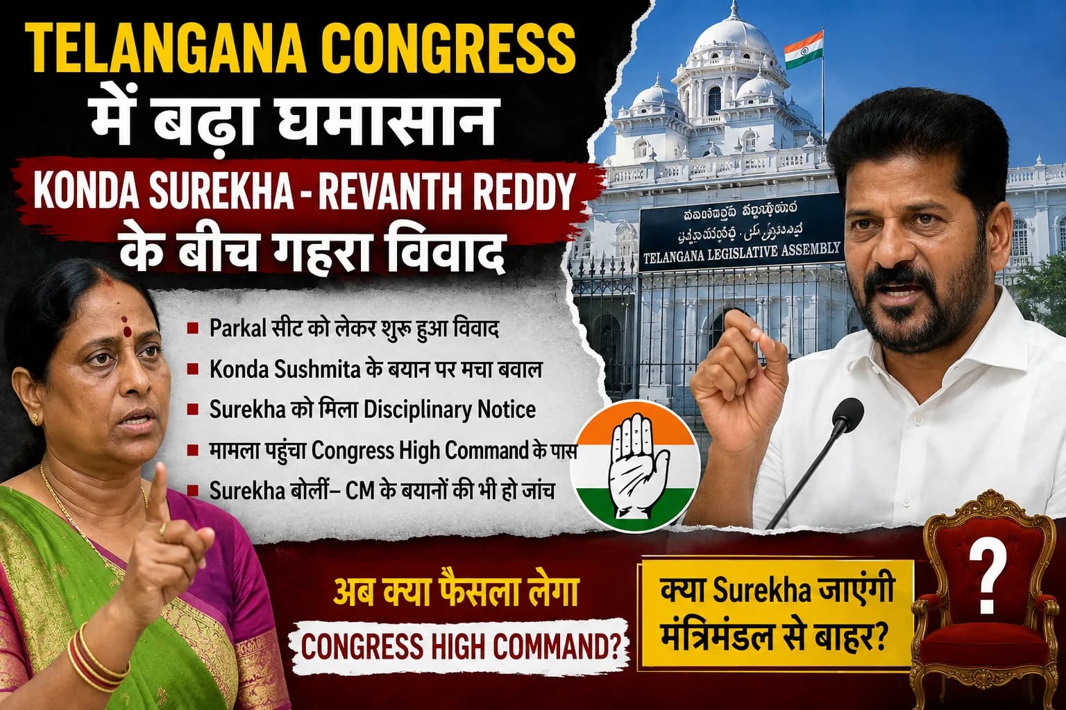 Telangana Congress में बढ़ा घमासान: Konda Surekha ने Revanth Reddy को घेरा, अब High Command के हाथ में फैसला