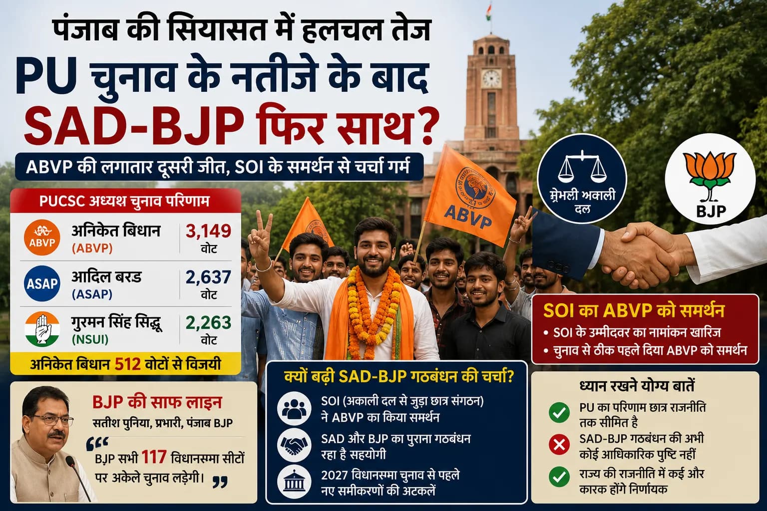 Panjab University में ABVP की लगातार दूसरी जीत, SOI के समर्थन से क्यों तेज हुई SAD-BJP Reunion की चर्चा?