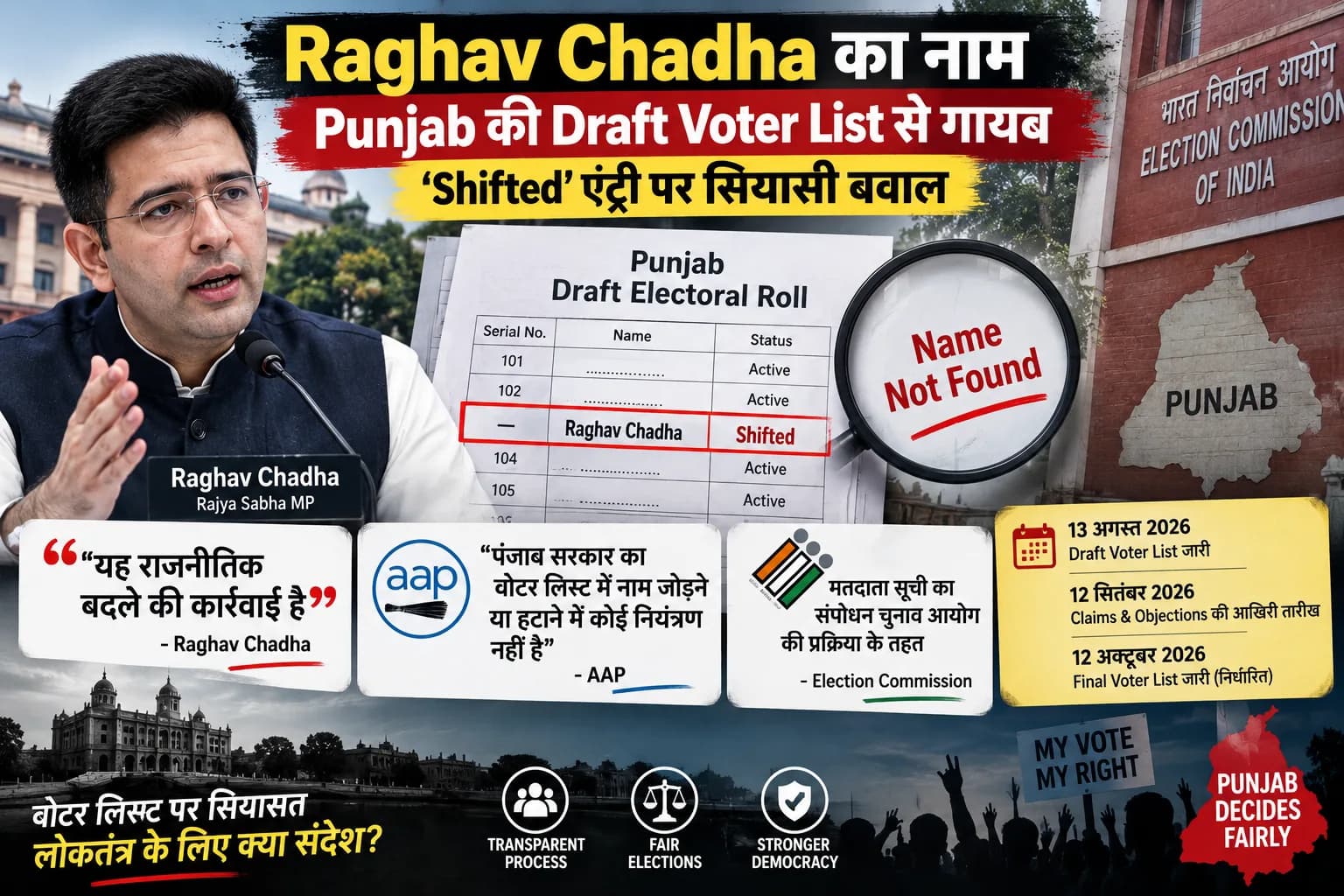 Punjab Voter List से Raghav Chadha का नाम गायब, ‘Shifted’ दिखाने पर भड़का सियासी विवाद