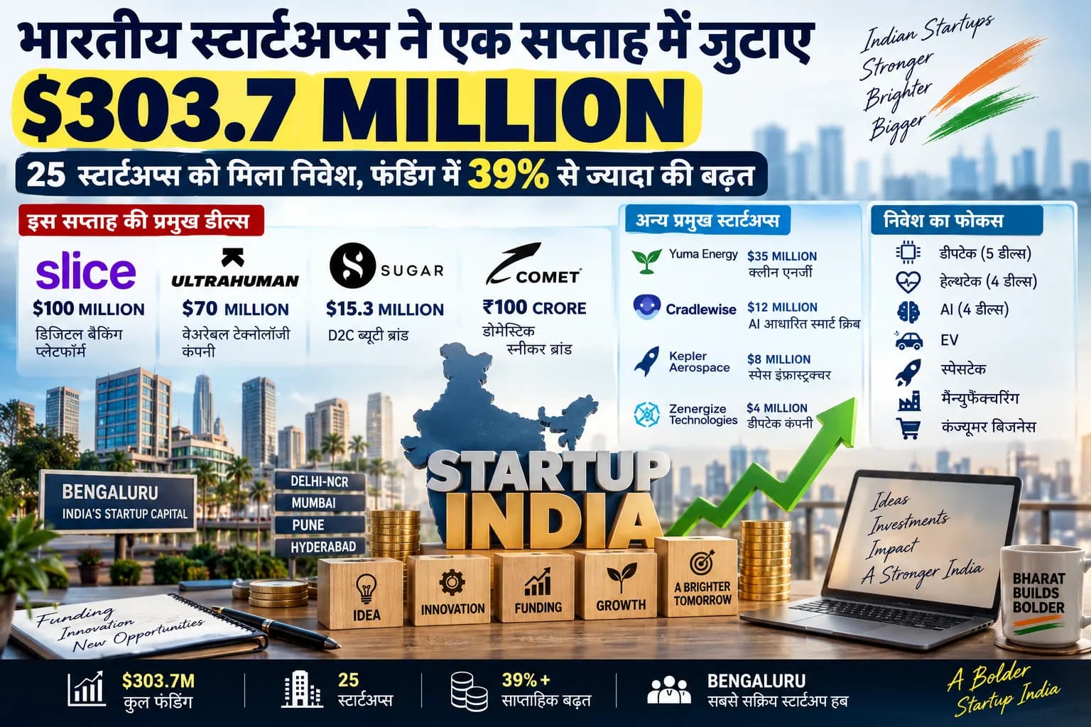 भारतीय स्टार्टअप्स ने एक हफ्ते में जुटाए $303.7 मिलियन, Slice और Ultrahuman की बड़ी डील्स ने बढ़ाई रफ्तार