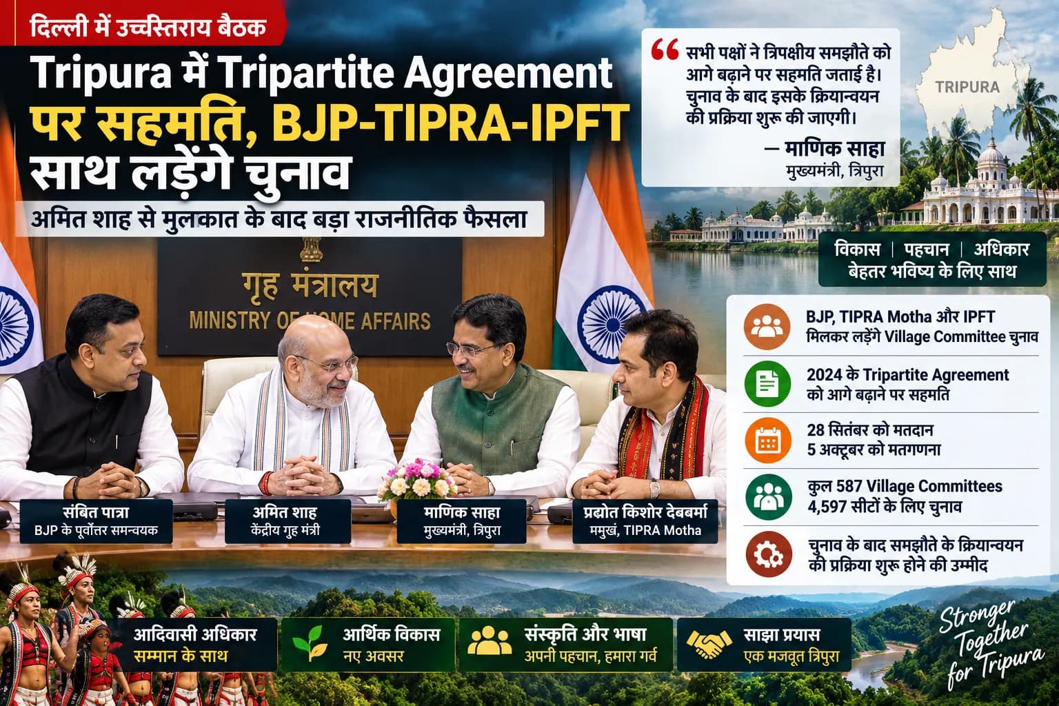 Tripura में बड़ा राजनीतिक समझौता: BJP ने Tripartite Accord पर बढ़ाया कदम, TIPRA Motha के साथ मिलकर लड़ेगी चुनाव