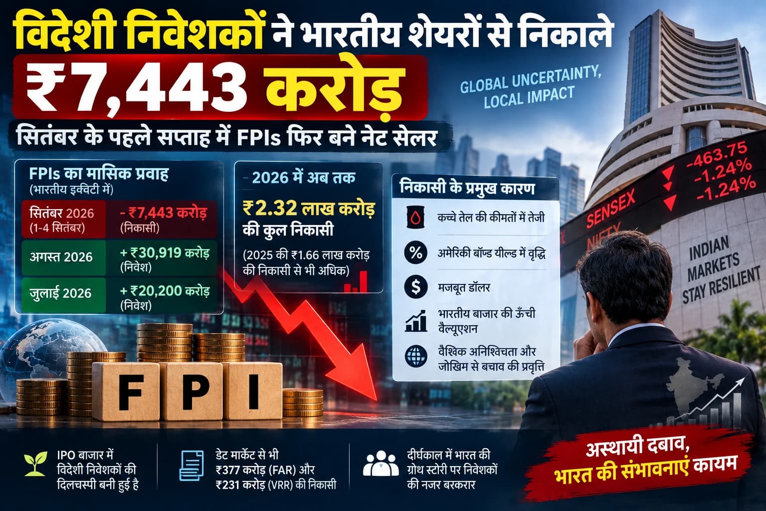 विदेशी निवेशकों ने फिर बदला रुख: सितंबर के पहले हफ्ते में भारतीय शेयरों से निकाले ₹7,443 करोड़