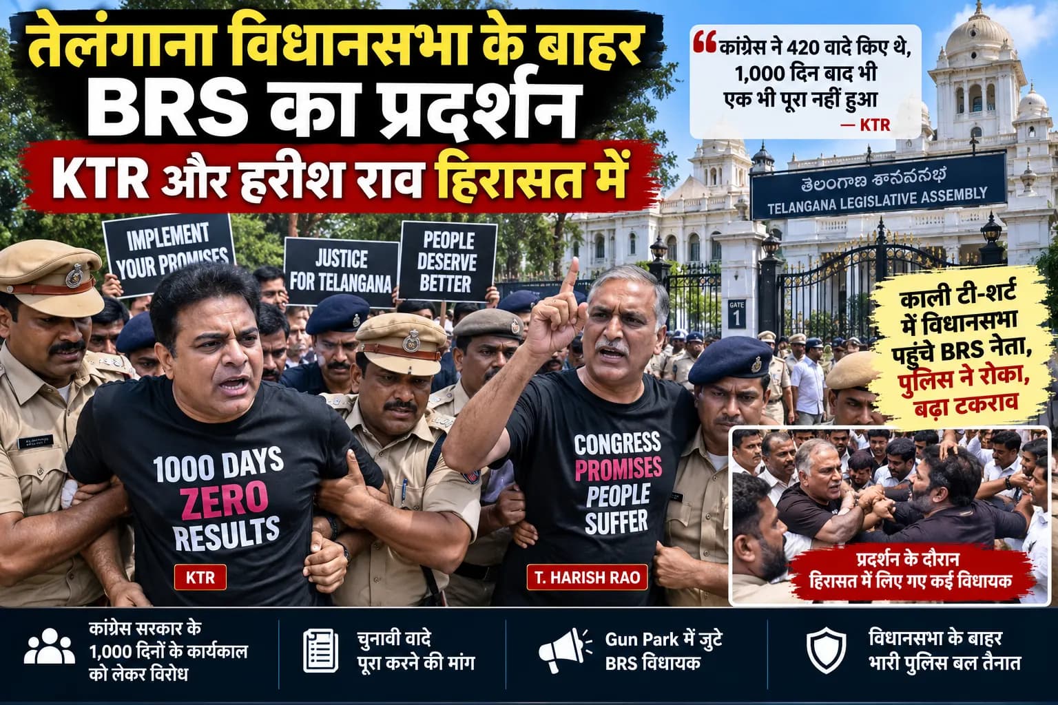 काली टी-शर्ट पहन विधानसभा पहुंचे KTR और हरीश राव, पुलिस ने हिरासत में लिया; जानिए क्यों भड़का BRS का विरोध